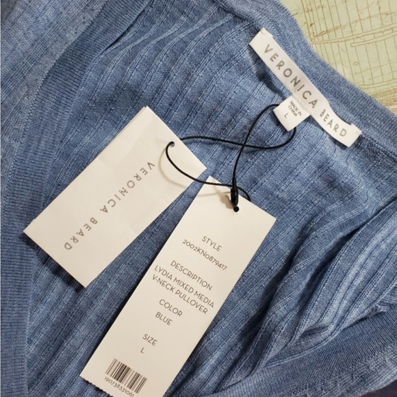 Veronica Beard Lydia Mixed Media V-Neck Pullover in Blue - Picture 7 of 9